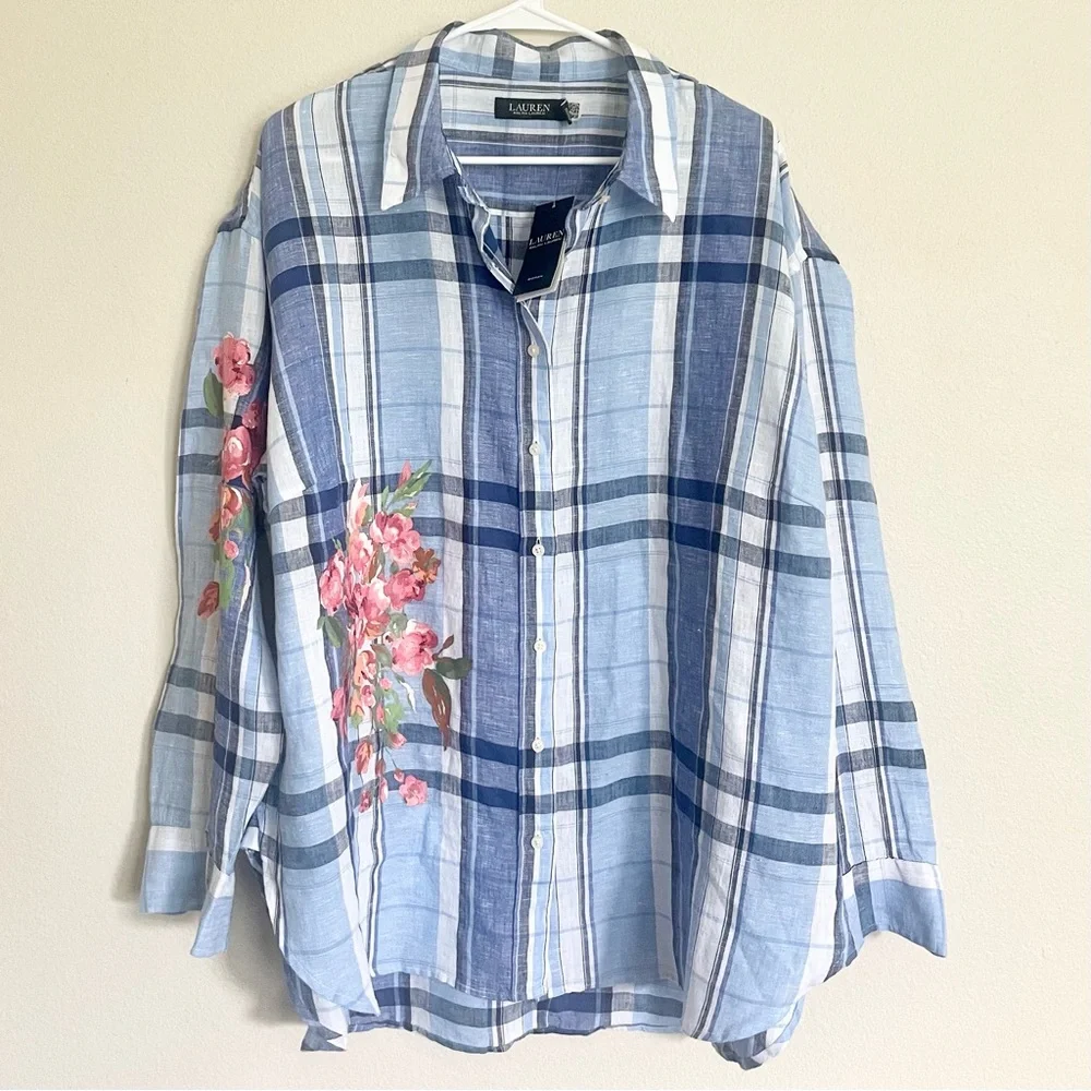 Ralph Lauren Floral and Blue Plaid Linen Women's Top - Picture 2 of 8